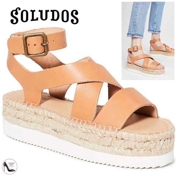 Soludos Olympia Brown Tan Leather Platform Espadrille Sandals Anthropologie 9 - Picture 1 of 12